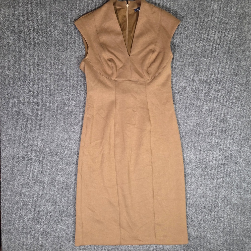 Tommy Hilfiger Dress Womens 4 Tan Camel V-Neck Cap Sleeve Sheath Work Office